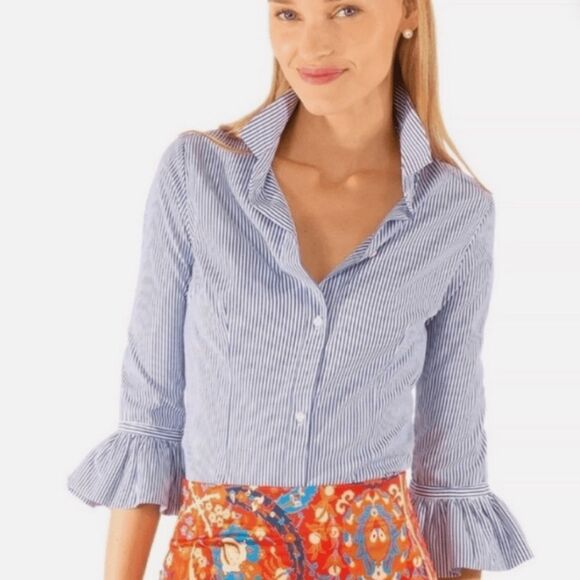 Gretchen Scott Button Front Cotton Blend Ruffle Cuff Shirt Size M And L - Picture 2 of 14